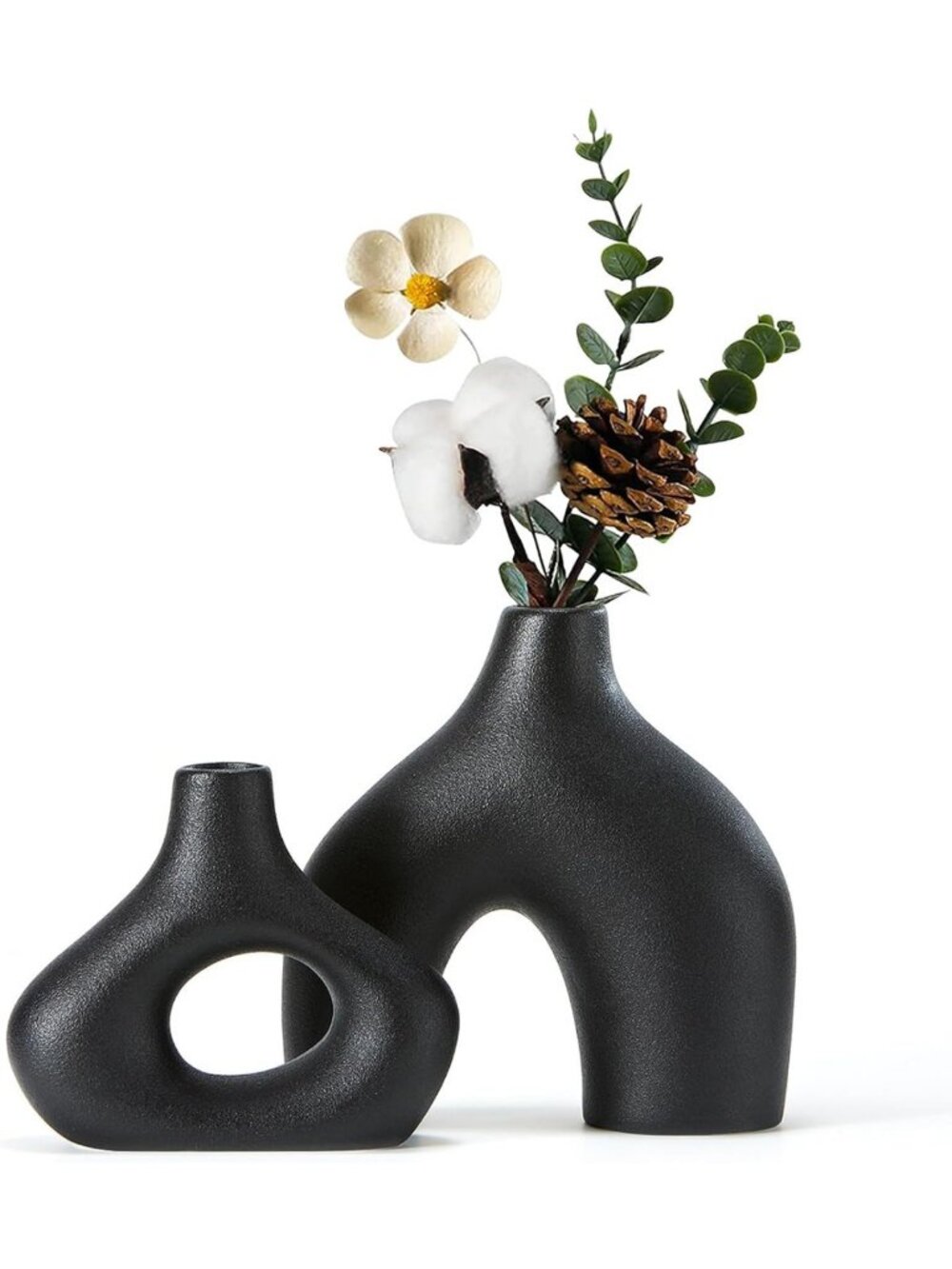 Set of 2 Black Ceramic Donut Vases for Modern Minimalist Boho Decor - Perfect